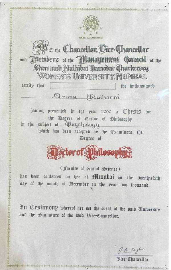 Dr. Aruna Kulkarni Doctoral Degree